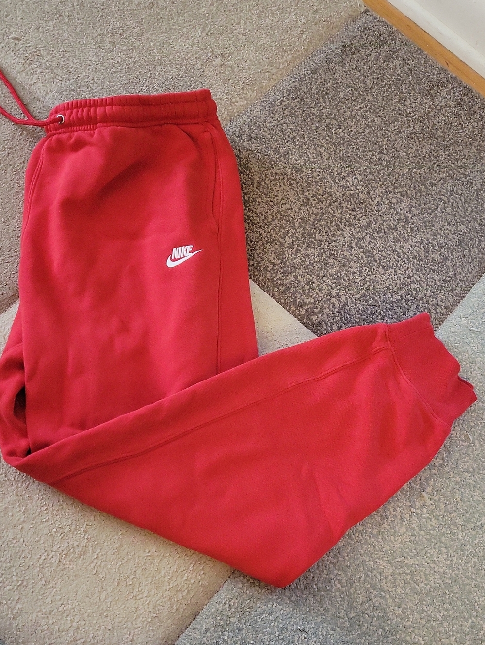 Mens Red Fleece Joggers with White Swoosh